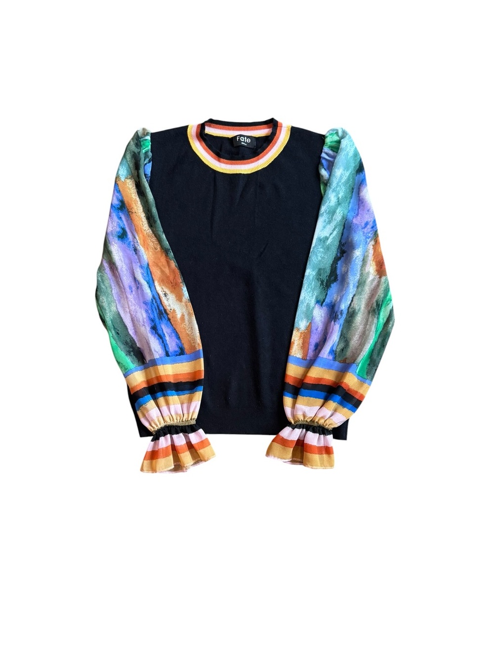 Fate Black Crewneck Sweater with Green and Blue Watercolor Puff Sleeves - Picture 2 of 4